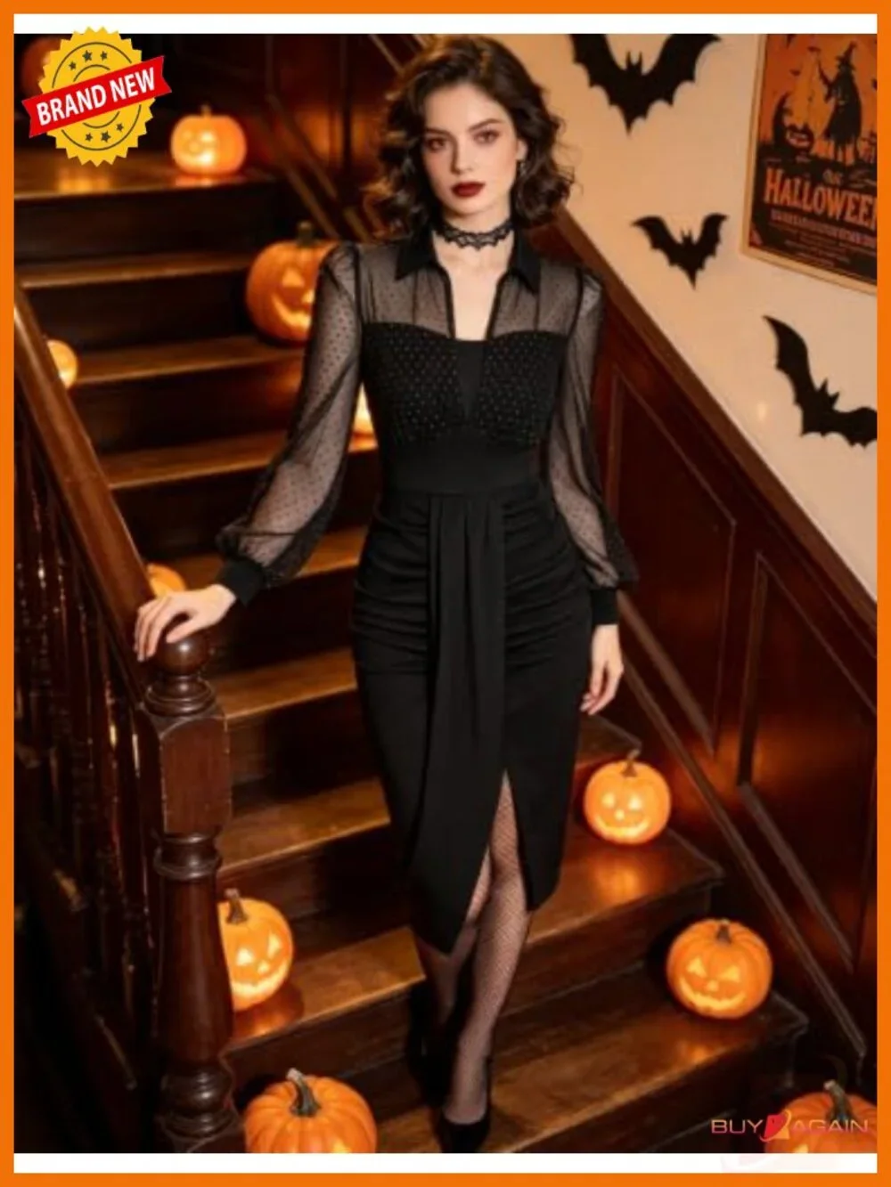 Belle Poque Women's Vintage Mesh Long Sleeve Ruched Bodycon Midi Dress